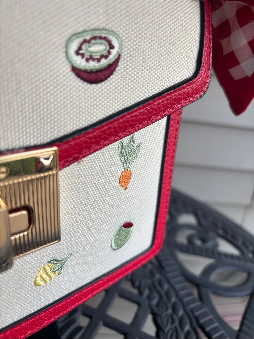 ALDO Red & Cream Fruit Embroidered Top-Handle Satchel Bag with Gingham Scarf/Bow